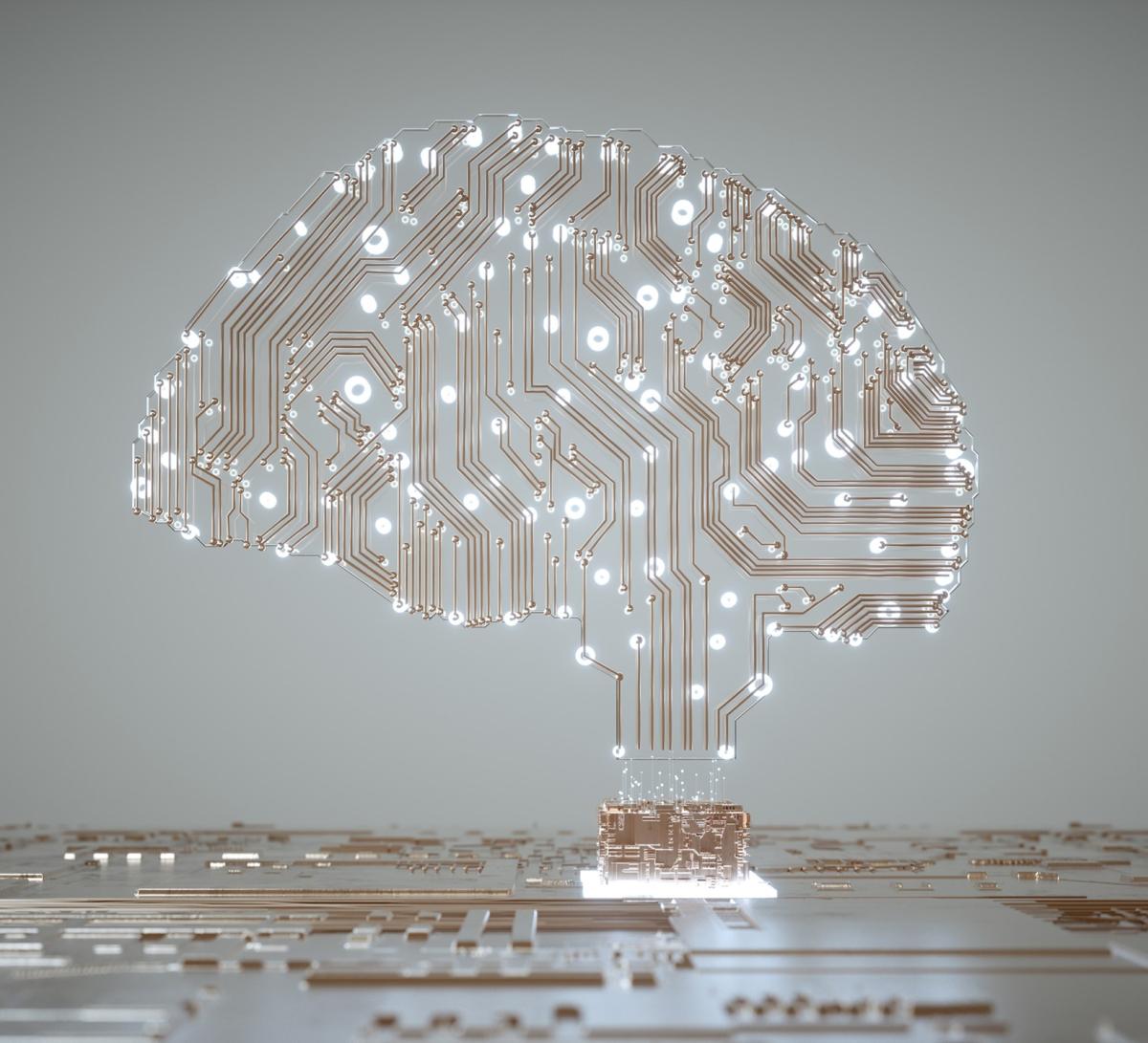 Graphic depicting computer circuitry in the shape of a brain.