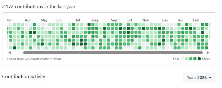 Example of a very active GitHub contribution graph.